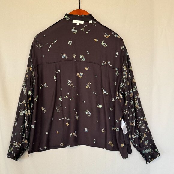 Vince Black Blue Scattered Floral Print 100% Silk Mother of Pearl Button Blouse - Picture 11 of 16